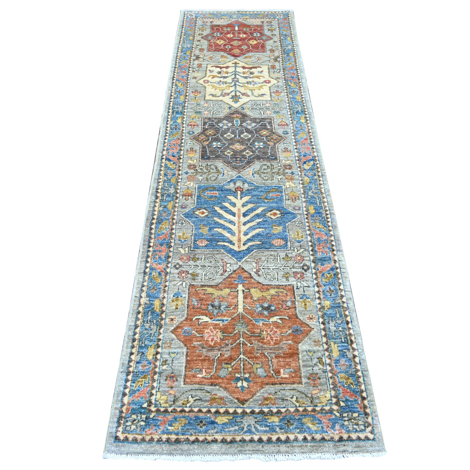 2'5"x9'1" Spanish Gray, Aryana Grade, Afghan Peshawar with Caucasian Akstafa Design, Hand Knotted, High Mountain Wool, Runner, Oriental Rug 